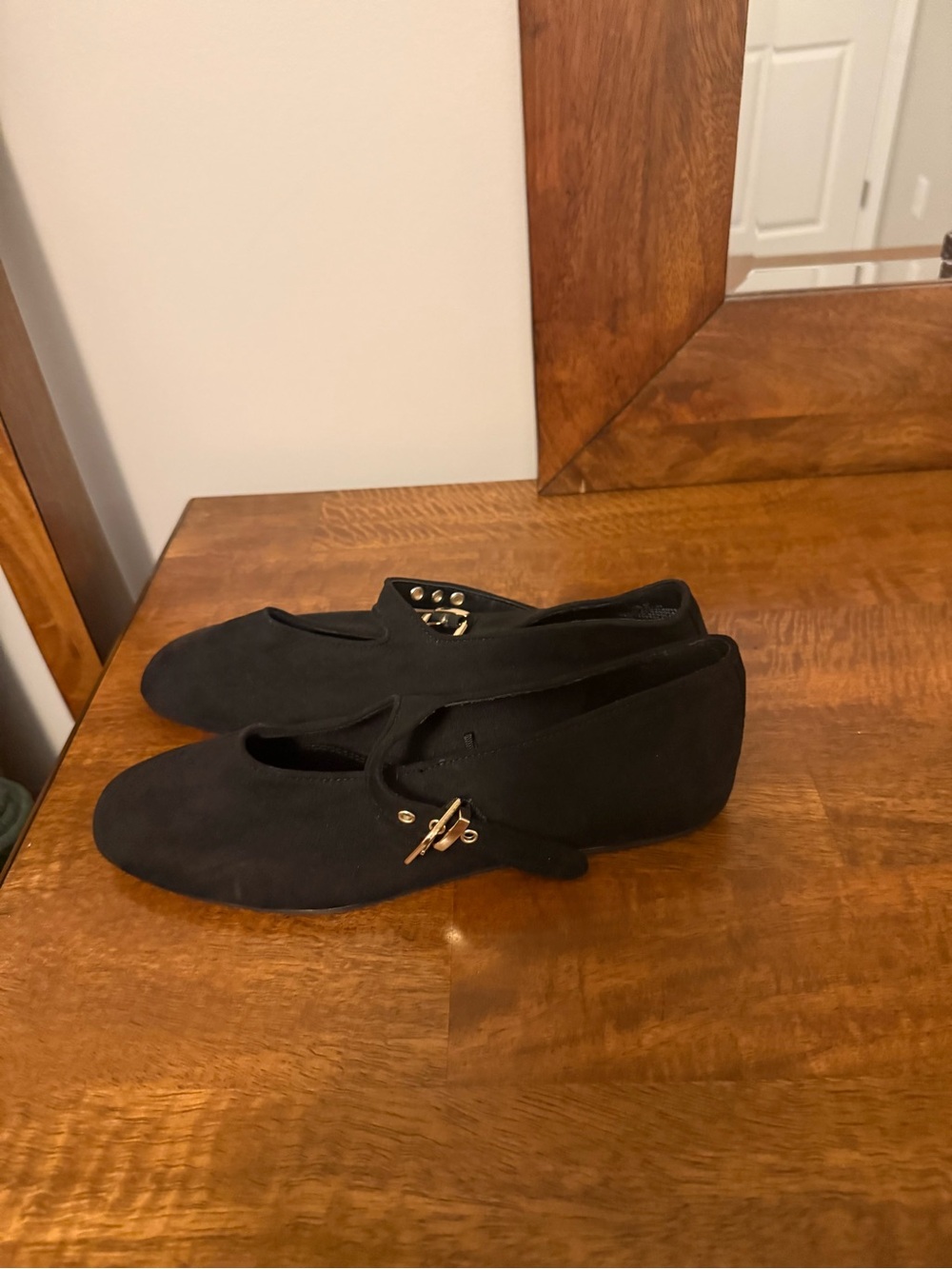 H&M Black Suede-Look Ballet Flats with Gold Accent